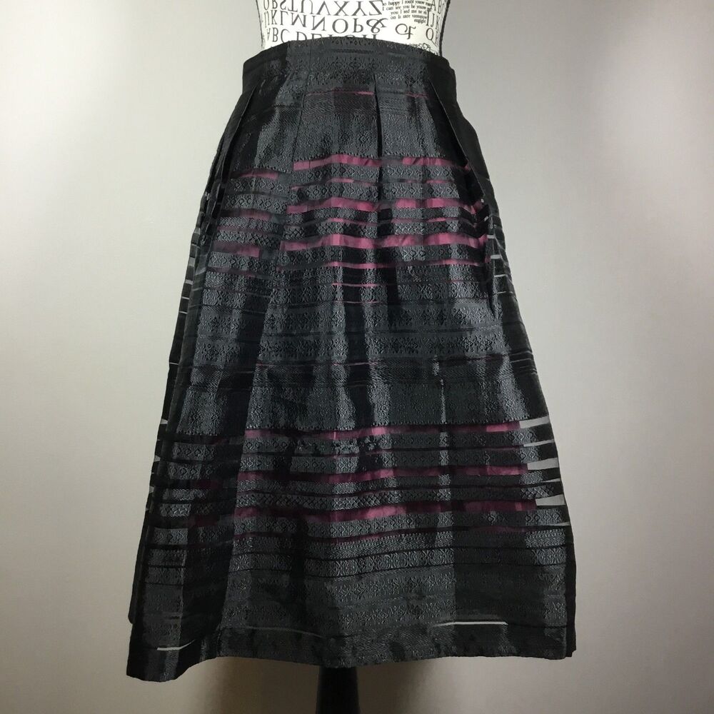 Black midi shiny striped skirt with rasberry lining waist 27" sz S fairygrunge